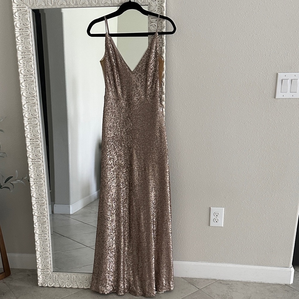 Jenny Yoo Gold Sequin Spaghetti Strap Gown